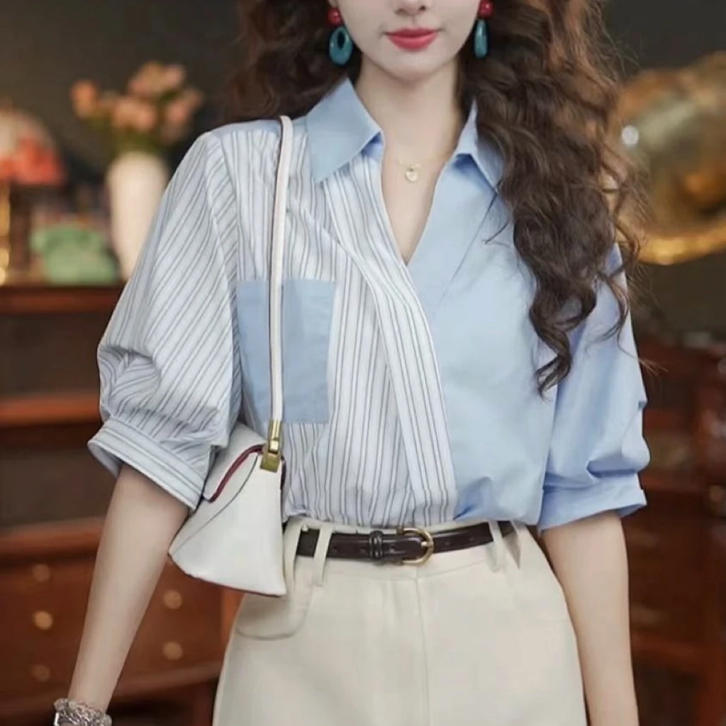 8320条纹短袖衬衫女2025新款夏季polo领时尚洋气别致法式上衣