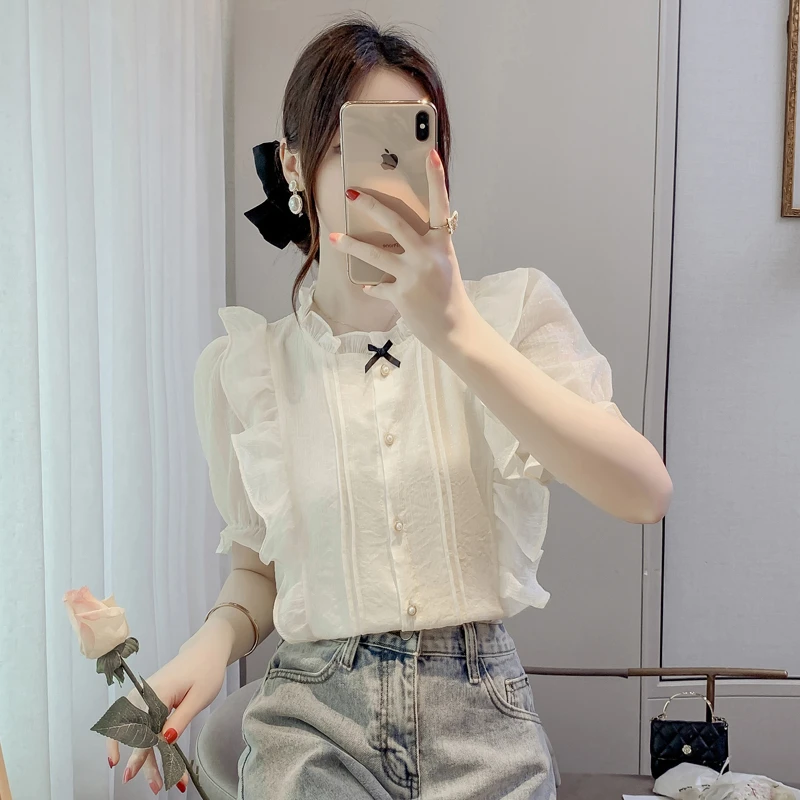 法式温柔风甜美荷叶边衬衫女夏季时尚蝴蝶结减龄百搭上衣【1322】