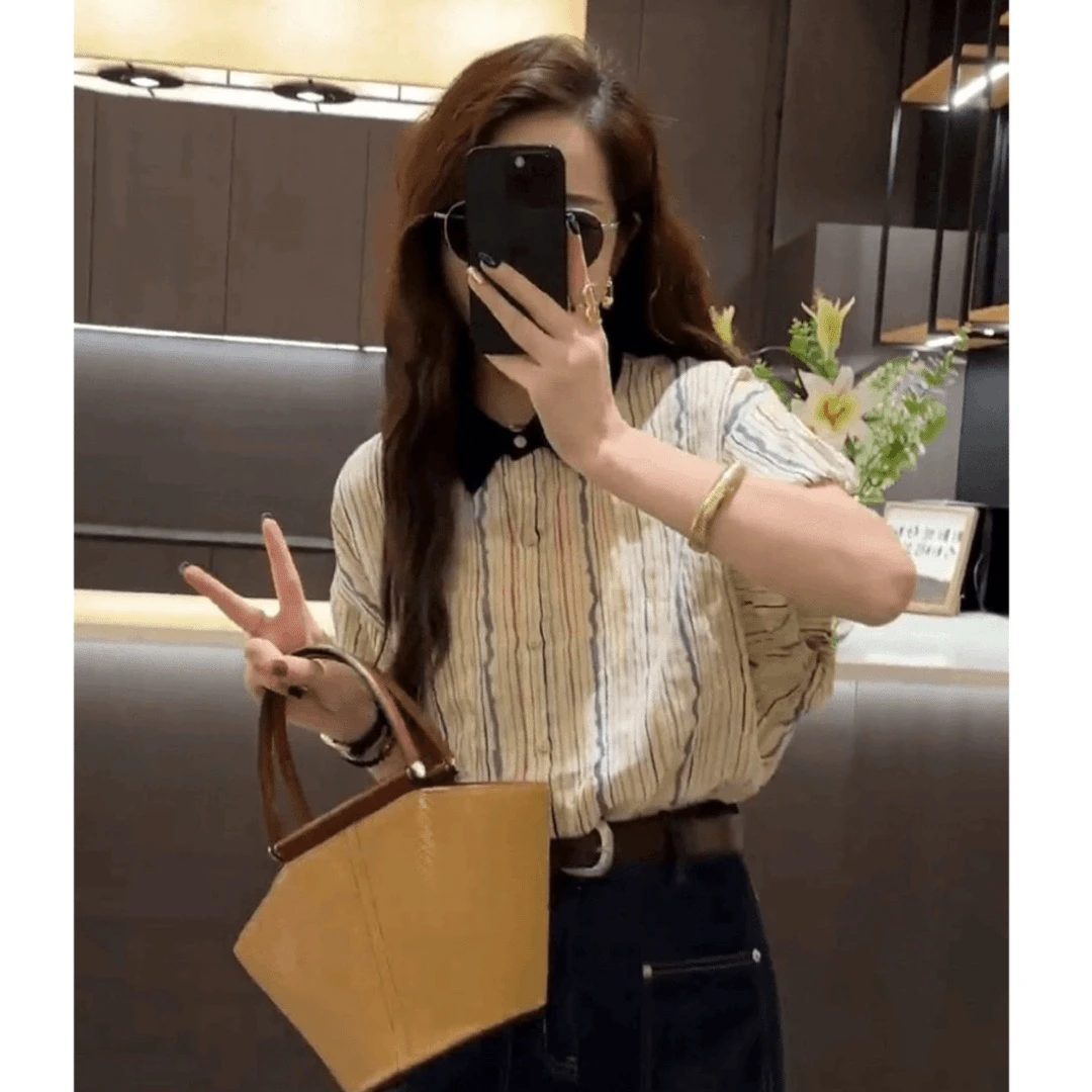 夏季新款复古撞色条纹衬衫女气质时尚休闲衬衣短袖上衣【6165】