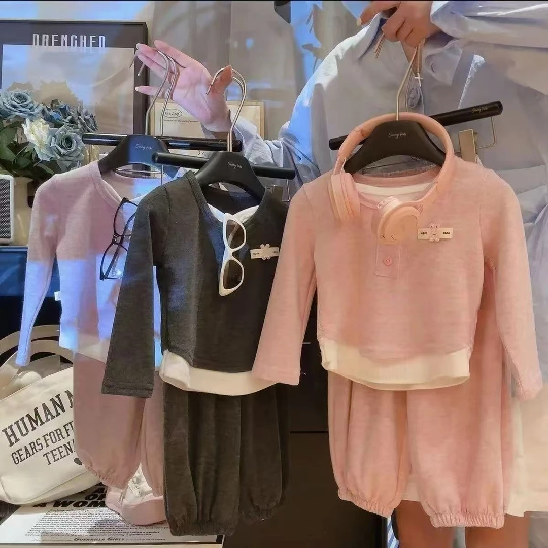 女童套装2024新款秋季时髦小女孩童装假两件儿童糯米绒上衣裤子