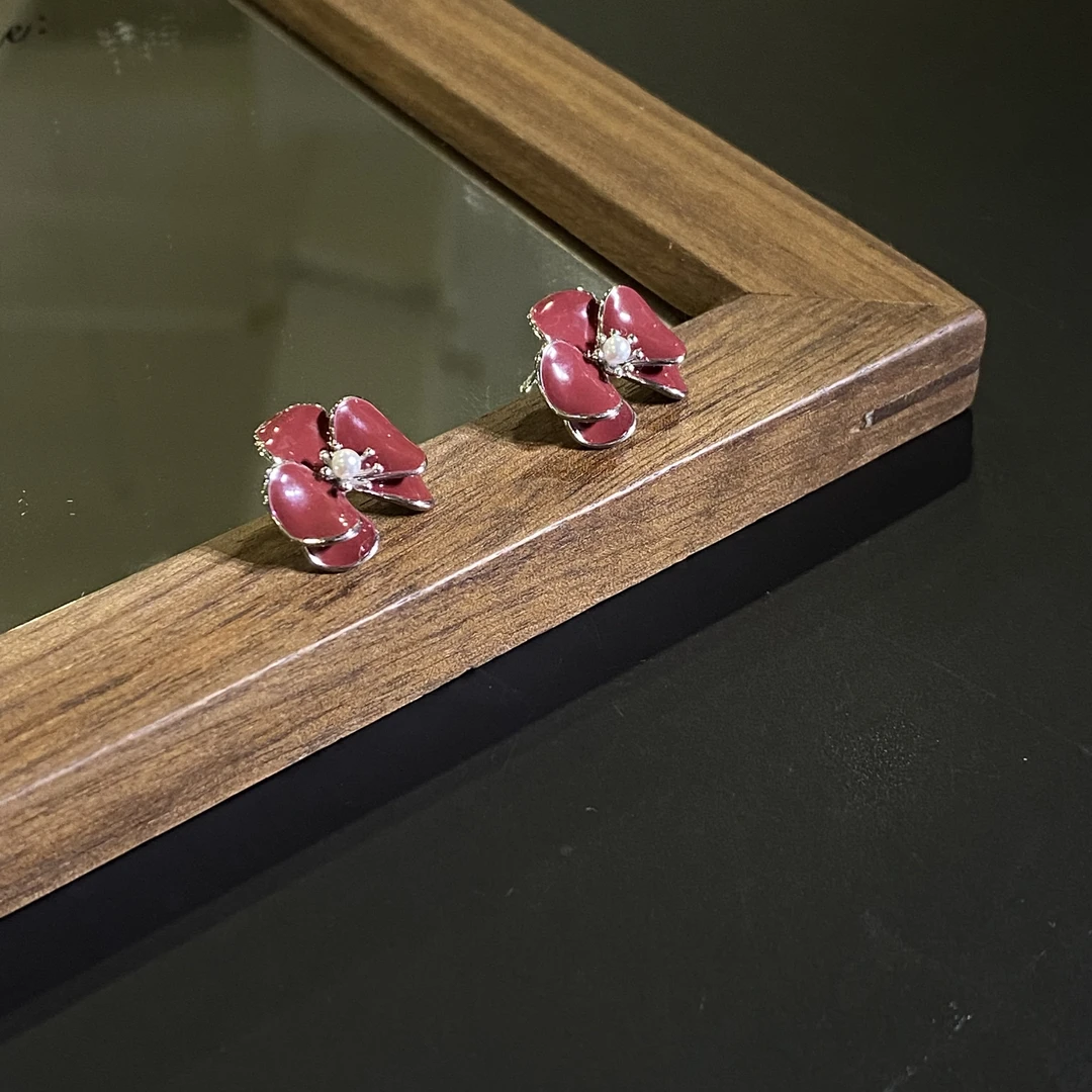 铜合金合成锆石耳饰 玫红色花花耳钉 3517