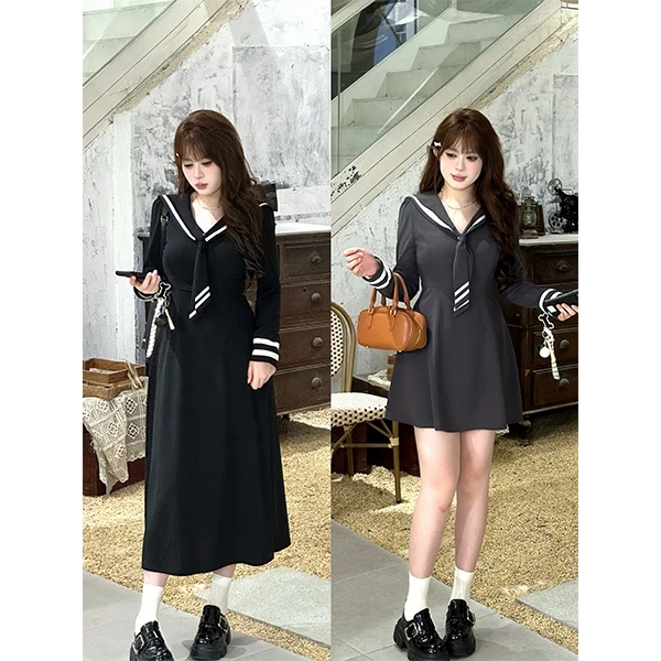 【千惠】 胖mm早秋海军领设计感长短款显瘦连衣裙08245C+08239C