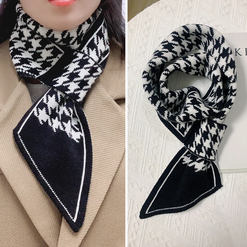 千鸟格小围巾女秋冬季韩版百搭ins潮加厚保暖装饰护颈脖针织围脖