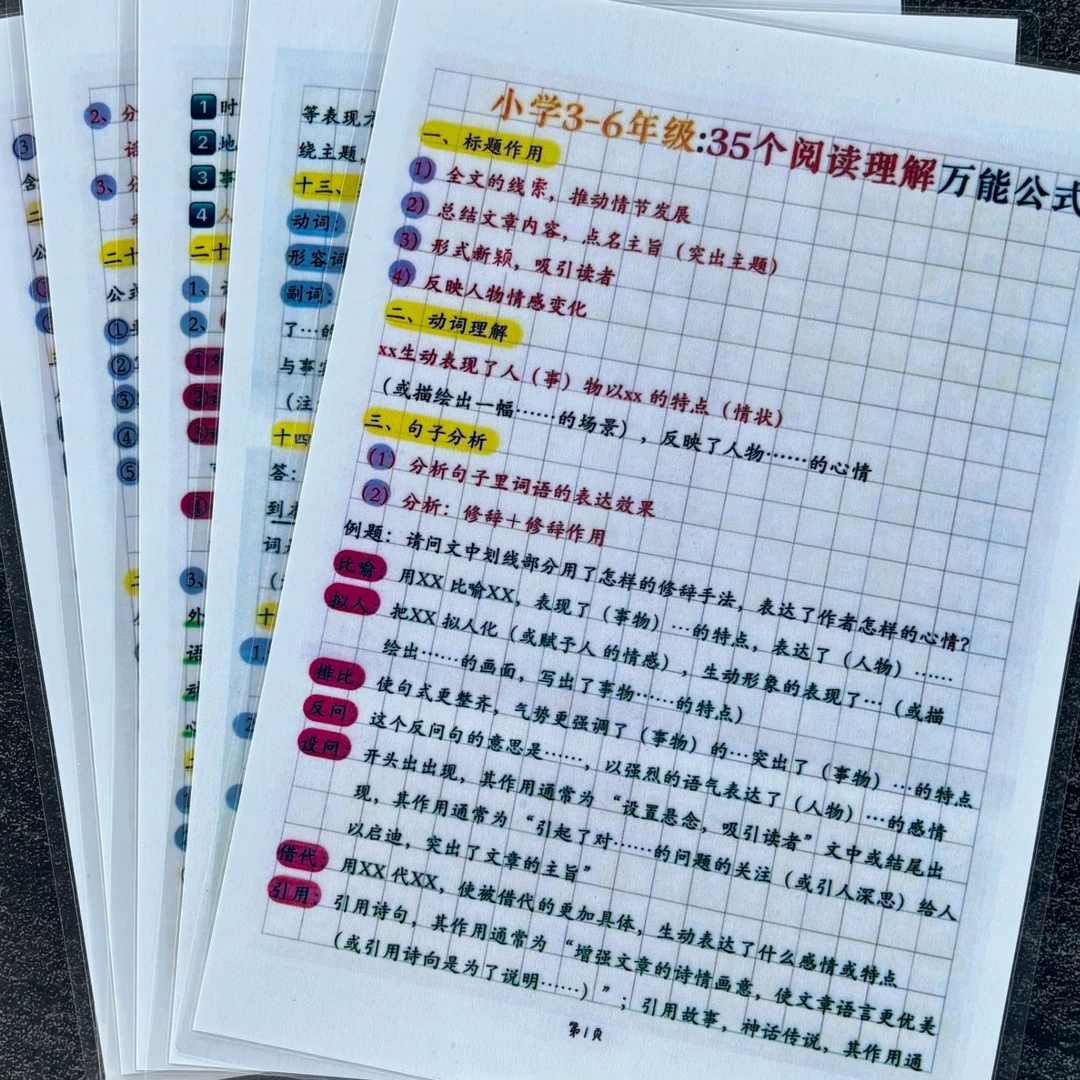 小学语文35个阅读理解万能公式学习卡3-6年级知识点必学专用闪卡