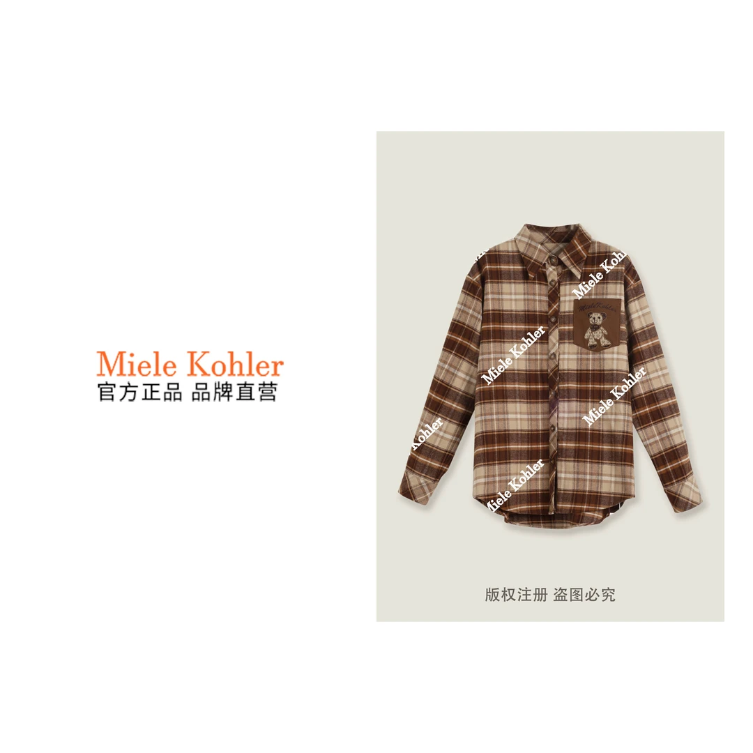100%棉新款设计感刺绣小熊格子女款衬衫MKKQ86282 【澳门小源同款】