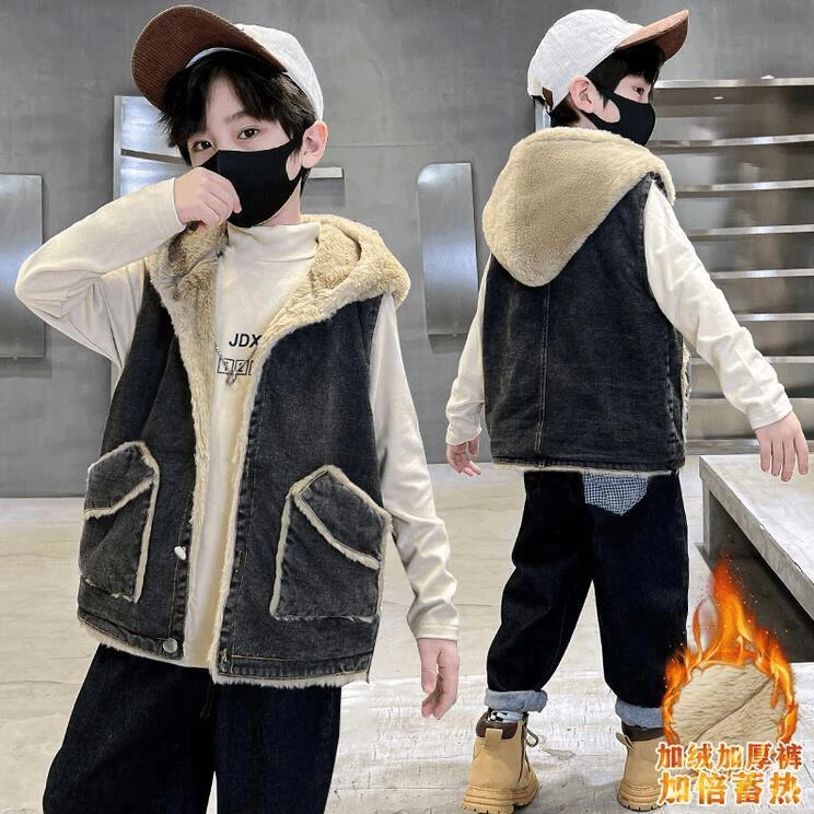 欧迪鸟儿童加绒马甲秋冬男女童两面穿牛仔坎肩马夹中大童加厚