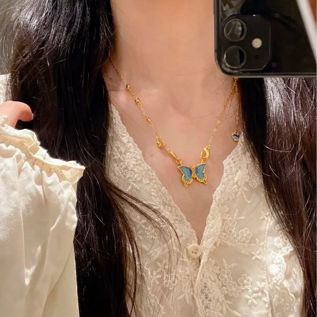 XL3377 花间宿渐变蓝蝴蝶项链 气质超仙首饰