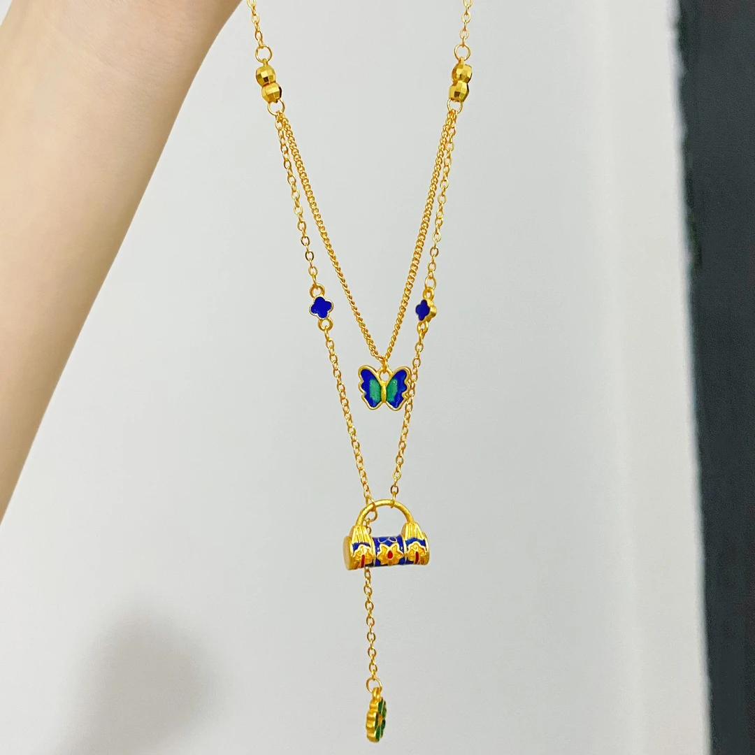 XL3490 宝蓝锁包蝴蝶流苏项链 中式国风女款锁骨链