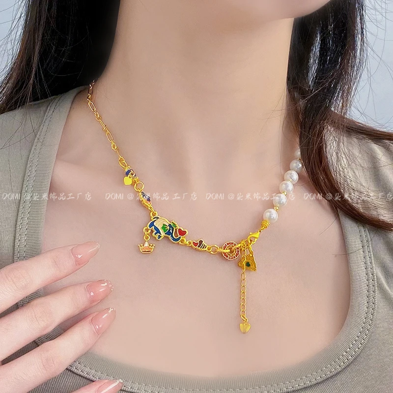 XL3275 「心之所象」皇冠爱心小象白珠烧蓝甜美项链