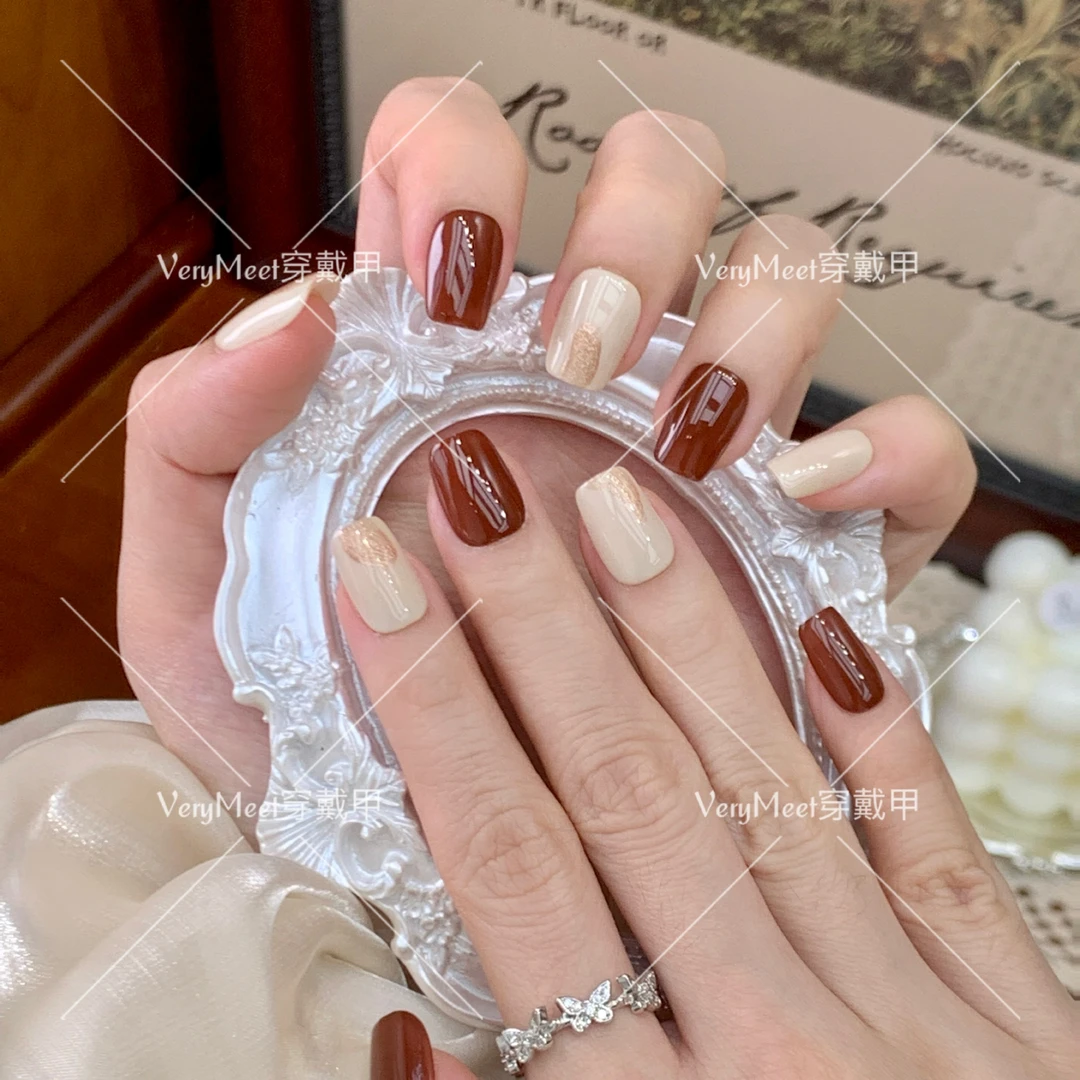VeryMeet手工穿戴甲纯色拼色小众设计鎏金短方甲显白高级美甲143