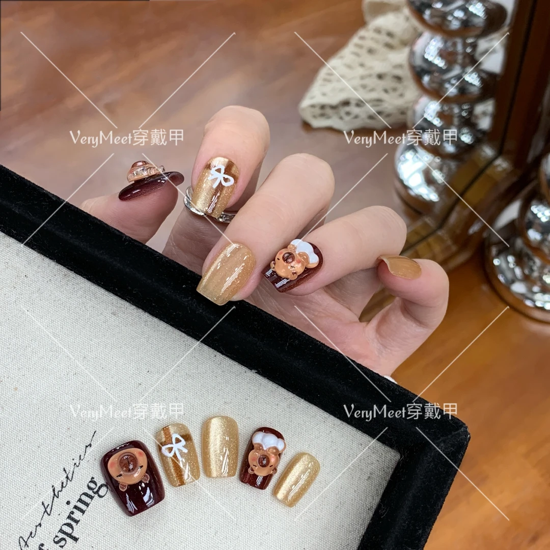 VeryMeet穿戴甲纯手工立体点胶卡皮巴拉可爱卡通涂鸦款中T美甲73