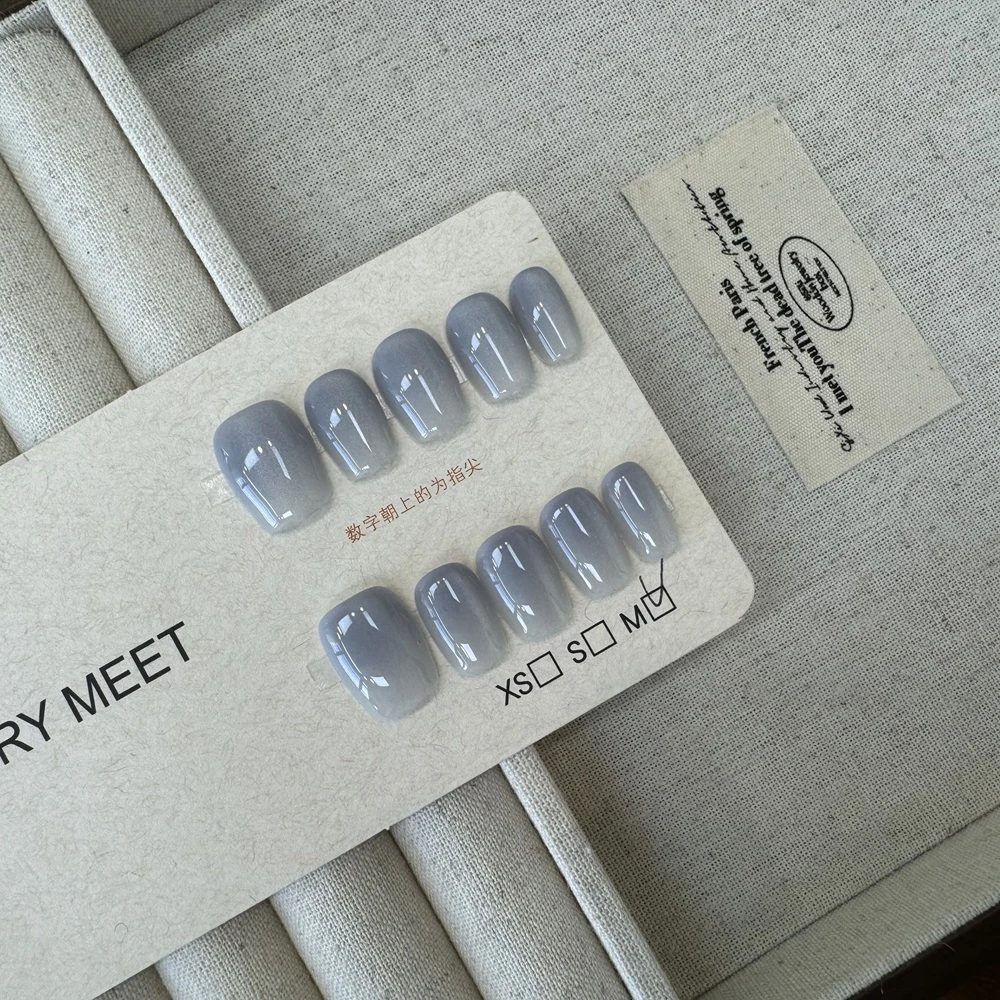 【VeryMeet-穿戴甲】半手工雾霾蓝简约高级款短芭蕾美甲贴片女138