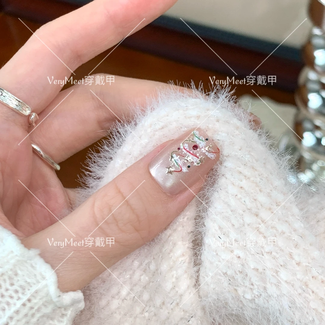 VeryMeet半手工穿戴甲圣诞系列可爱卡通元素风短方甲小清新美甲42