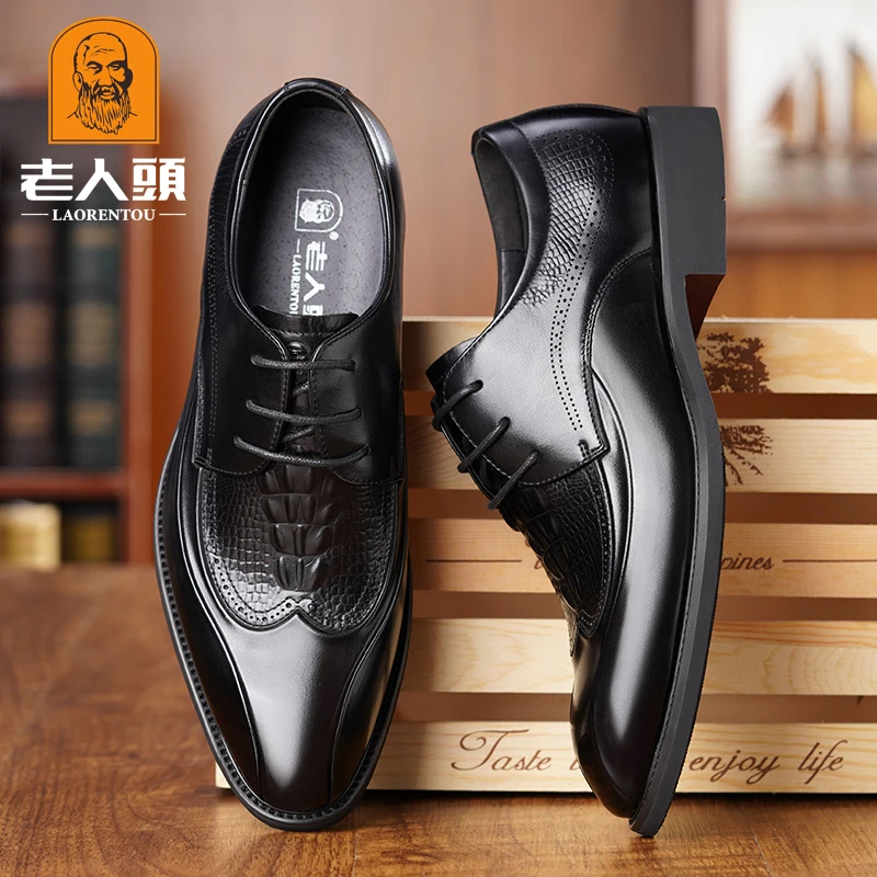 老人头皮鞋男2025春秋新款真皮布洛克商务正装男士皮鞋新郎结婚鞋