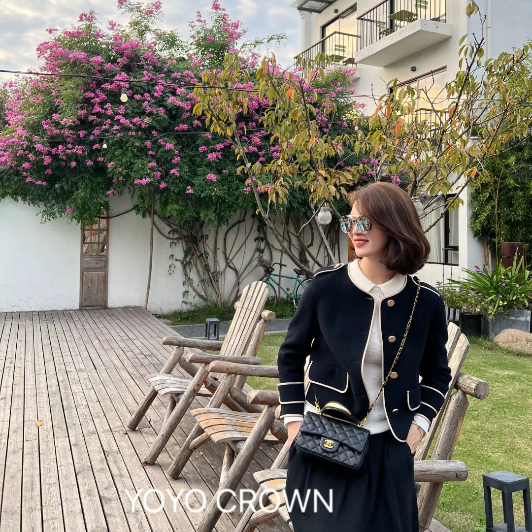 YOYO CROWN 手工双面呢羊毛短款女 羊毛外套时尚气质排扣