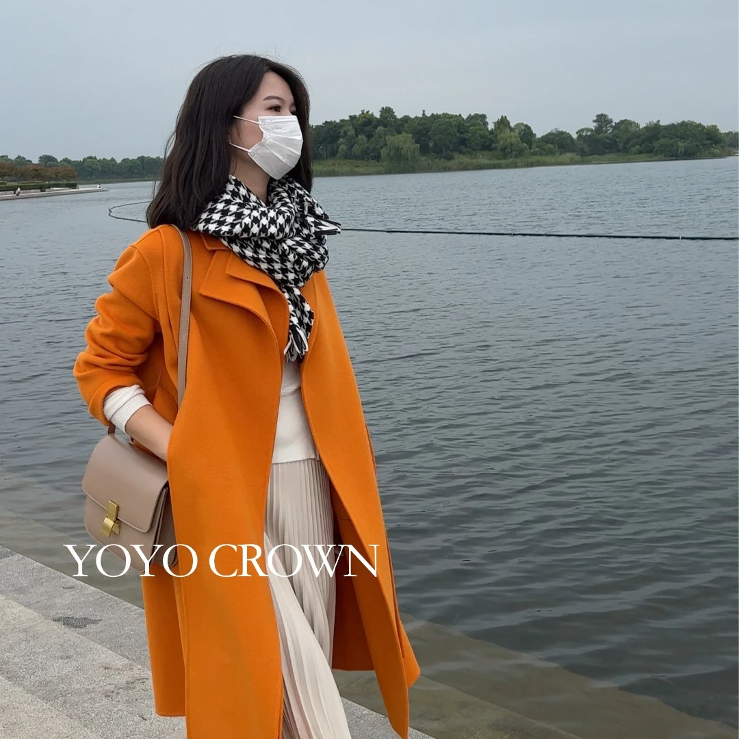 YOYO CROWN 年底新款秋冬优雅羊毛双面呢时尚设计感橘色大衣 2222