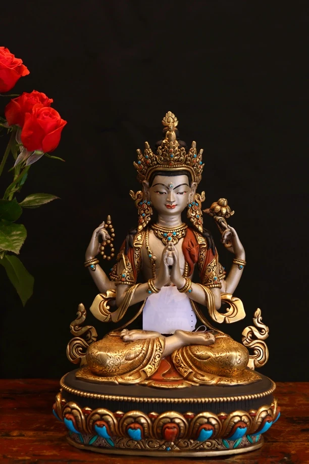 尼泊尔释迦族彩绘四臂观音 高28cm