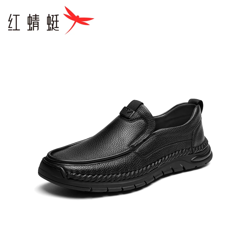 红蜻蜓英伦休闲皮鞋2023秋季新款百搭通勤男鞋真皮软底一脚蹬皮鞋