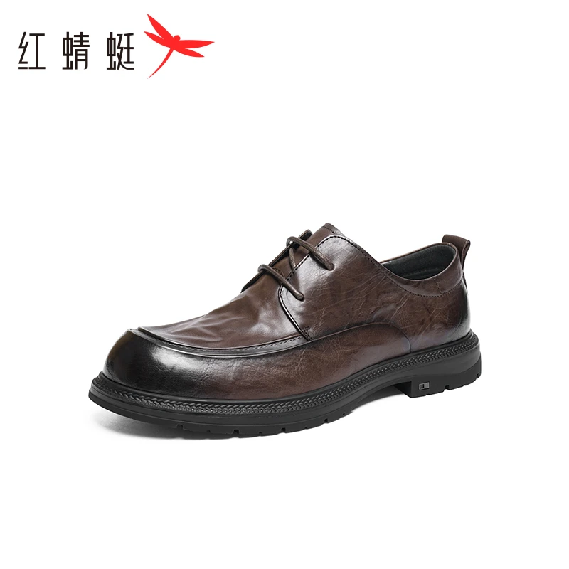 红蜻蜓正装皮鞋男2024秋季新款真皮商务褶皱系带通勤单鞋德比鞋