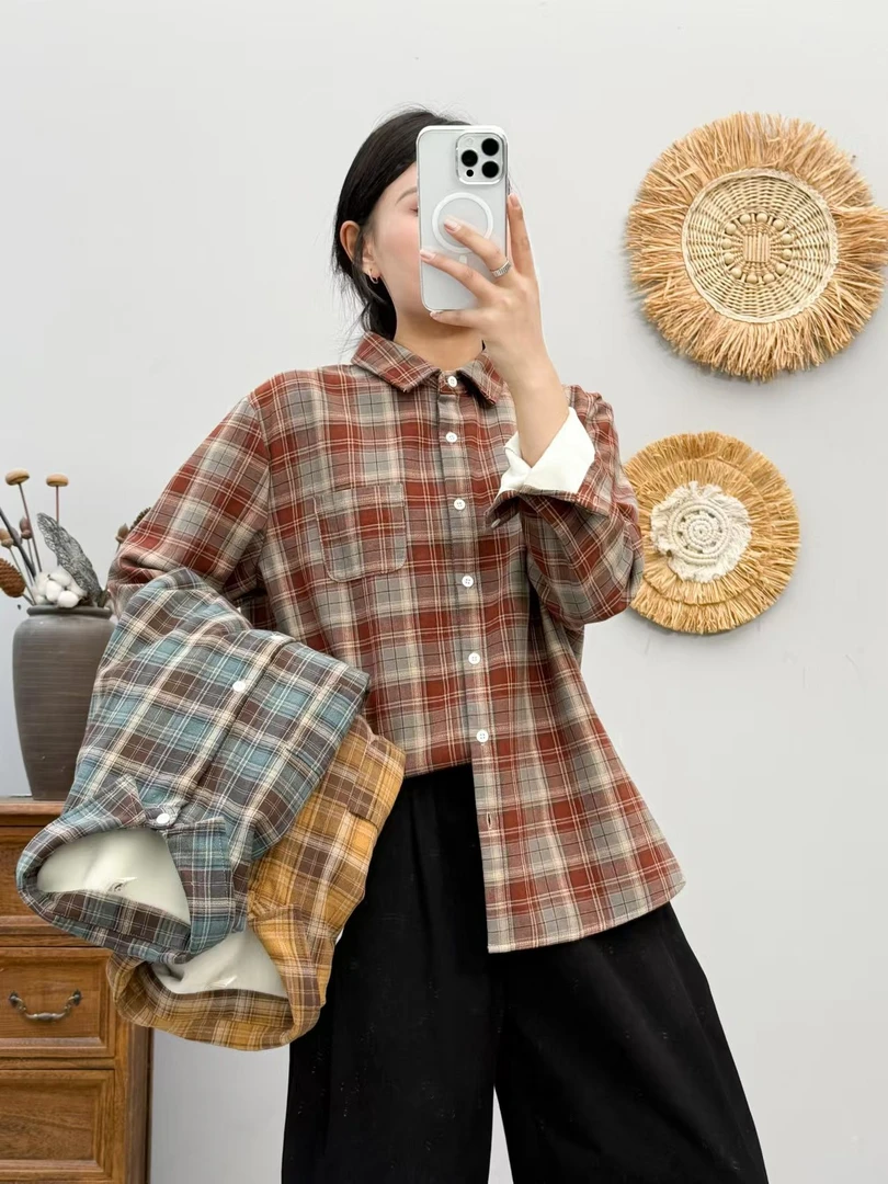 伊潮品新款纯棉格子加绒加厚长袖衬衫百搭宽松时尚韩版显瘦休闲