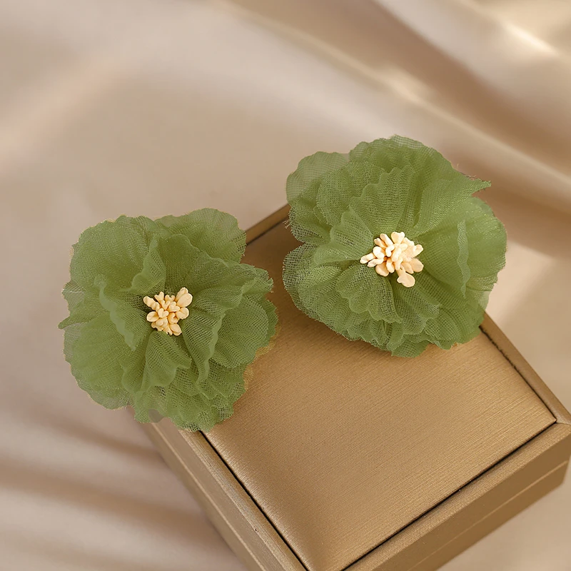 非金属布艺耳饰 橄榄绿花朵清新雪纺纱甜美气质夏春无耳洞耳夹