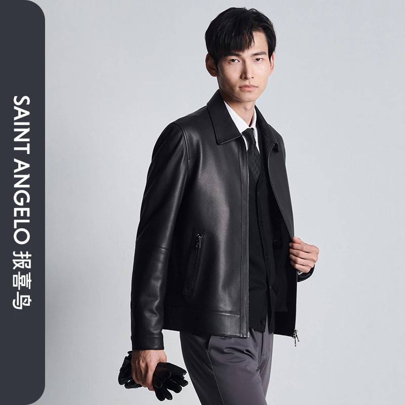 【羊皮革】报喜鸟男士新款绵羊皮革时尚黑色休闲男款皮衣翻领冬冬
