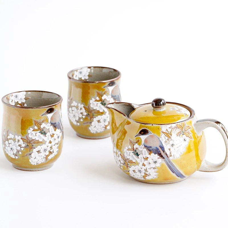 日本进口九谷烧日式陶瓷复古黄色樱花雀鸟功夫茶壶对杯茶杯子A35