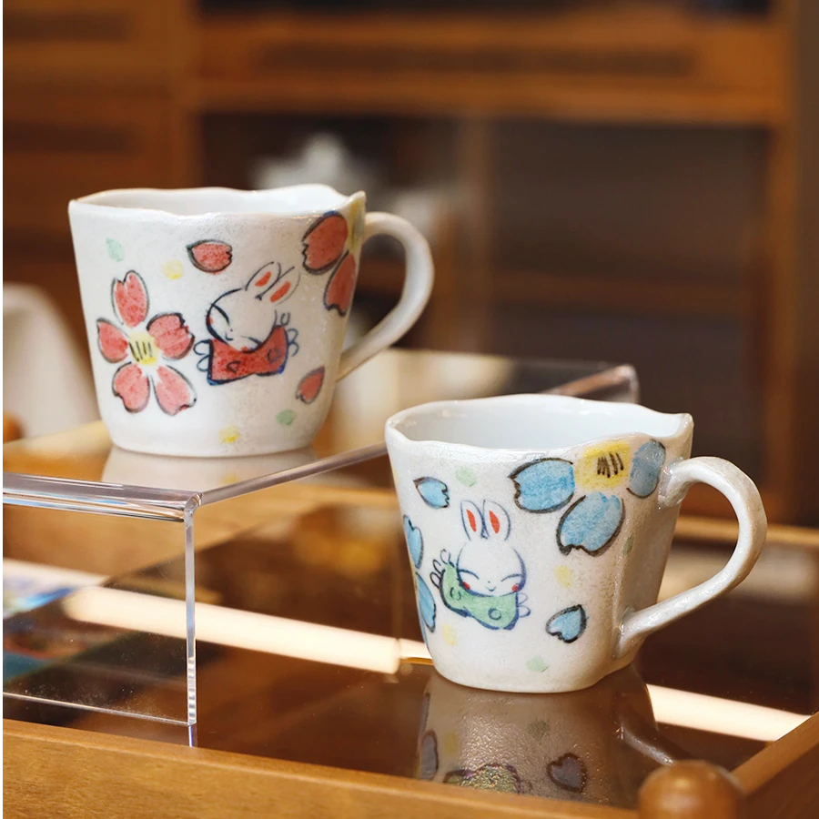 日本进口夕立窑手绘可爱兔子马克杯宽口咖啡杯水杯卡通瓷杯子A140