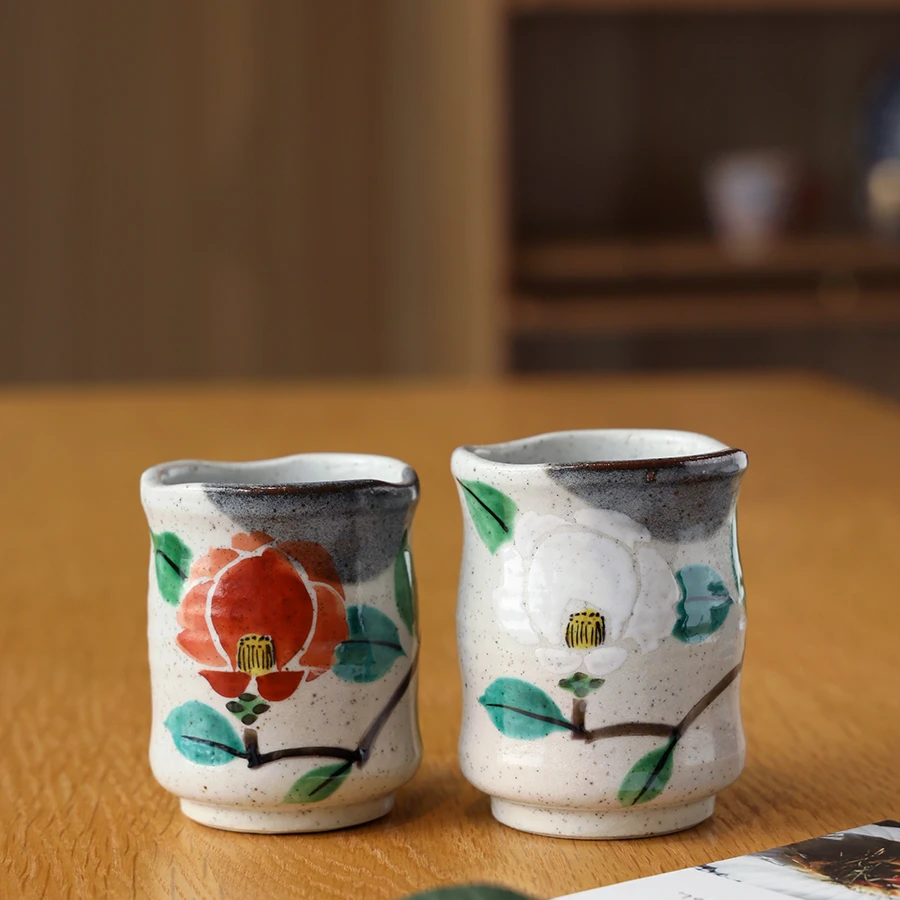 日本九谷烧手绘复古椿花陶瓷主人水杯夫妻情侣对杯茶杯婚礼物A8
