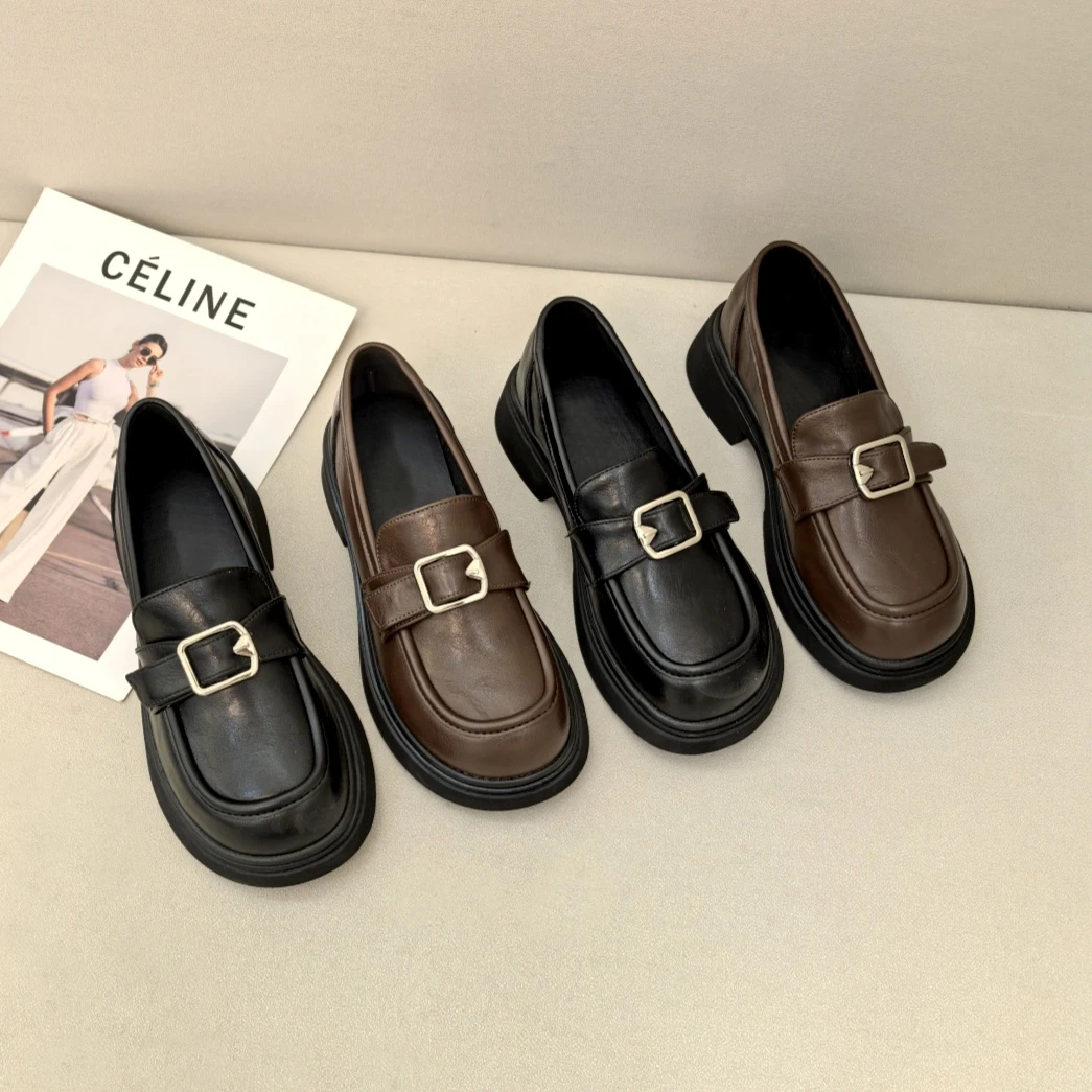 四季百搭厚底圆头小皮鞋2025春季新款英伦风乐福鞋女一脚蹬单鞋潮