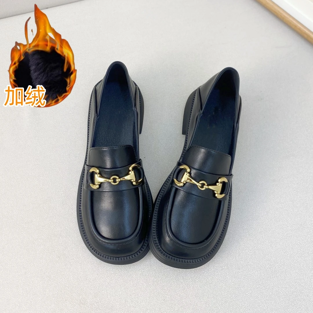 乐福鞋女2025春季新款百搭厚底英伦小皮鞋女一脚蹬单鞋加绒工作鞋