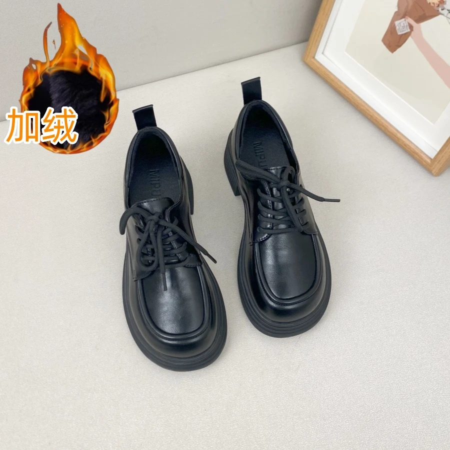 2024秋冬新款时尚休闲系带黑色加绒厚底小皮鞋女百搭英伦风乐福鞋