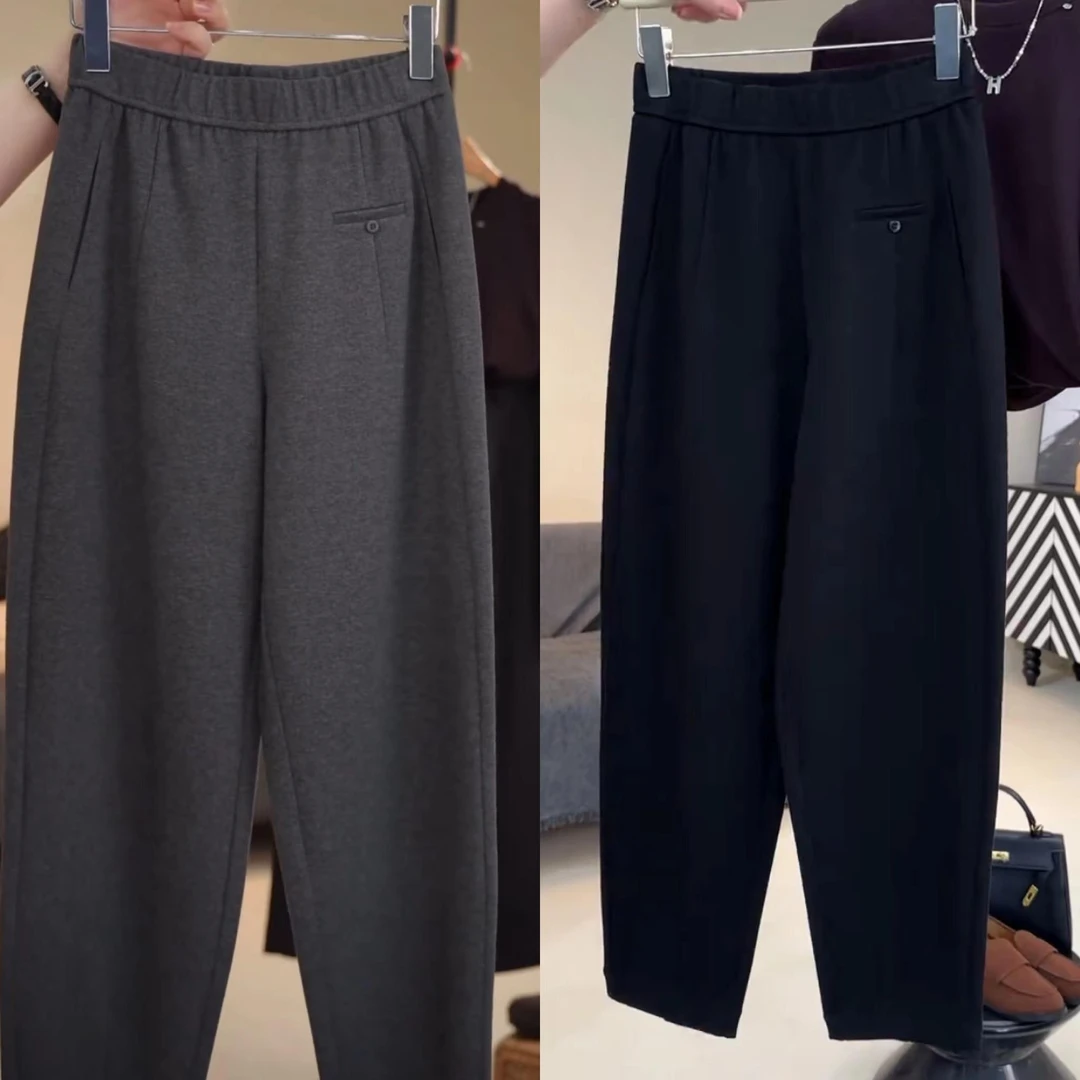 2025秋季斜纹松紧腰哈伦裤百搭气质休闲显瘦九分裤宽松休闲小脚裤