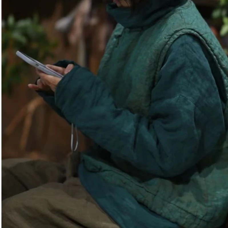 sunianweiyang/素年未央小北  复古色织亚麻斜襟盘扣夹棉马甲