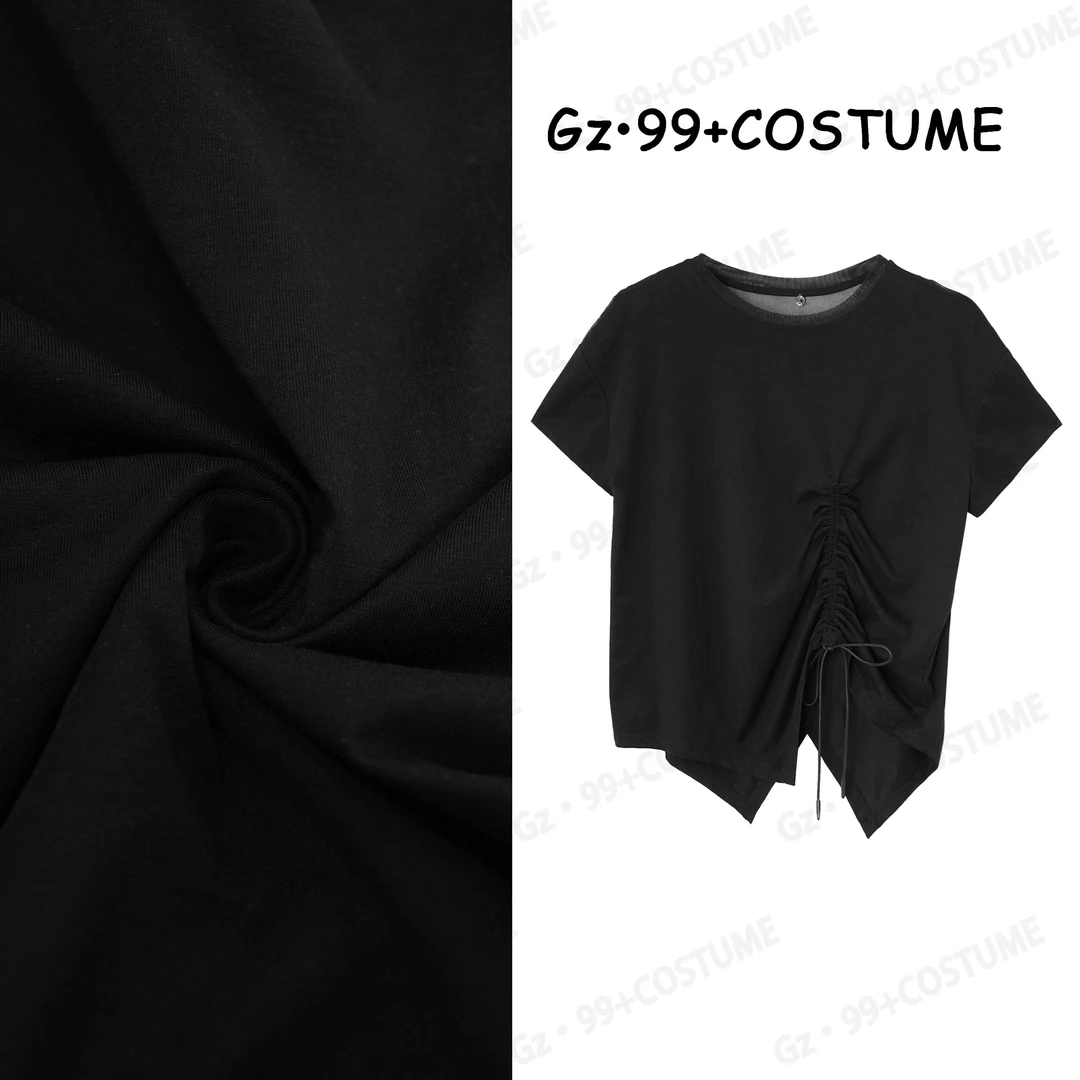 〖小九推荐〗追逐自由 夏季拼接蕾丝领下摆不规则抽绳T恤-T8910