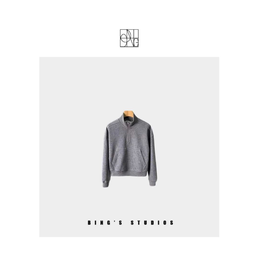 Bing Studios｜秋季极简羊毛灯芯绒坑条半拉链卫衣ZY4006