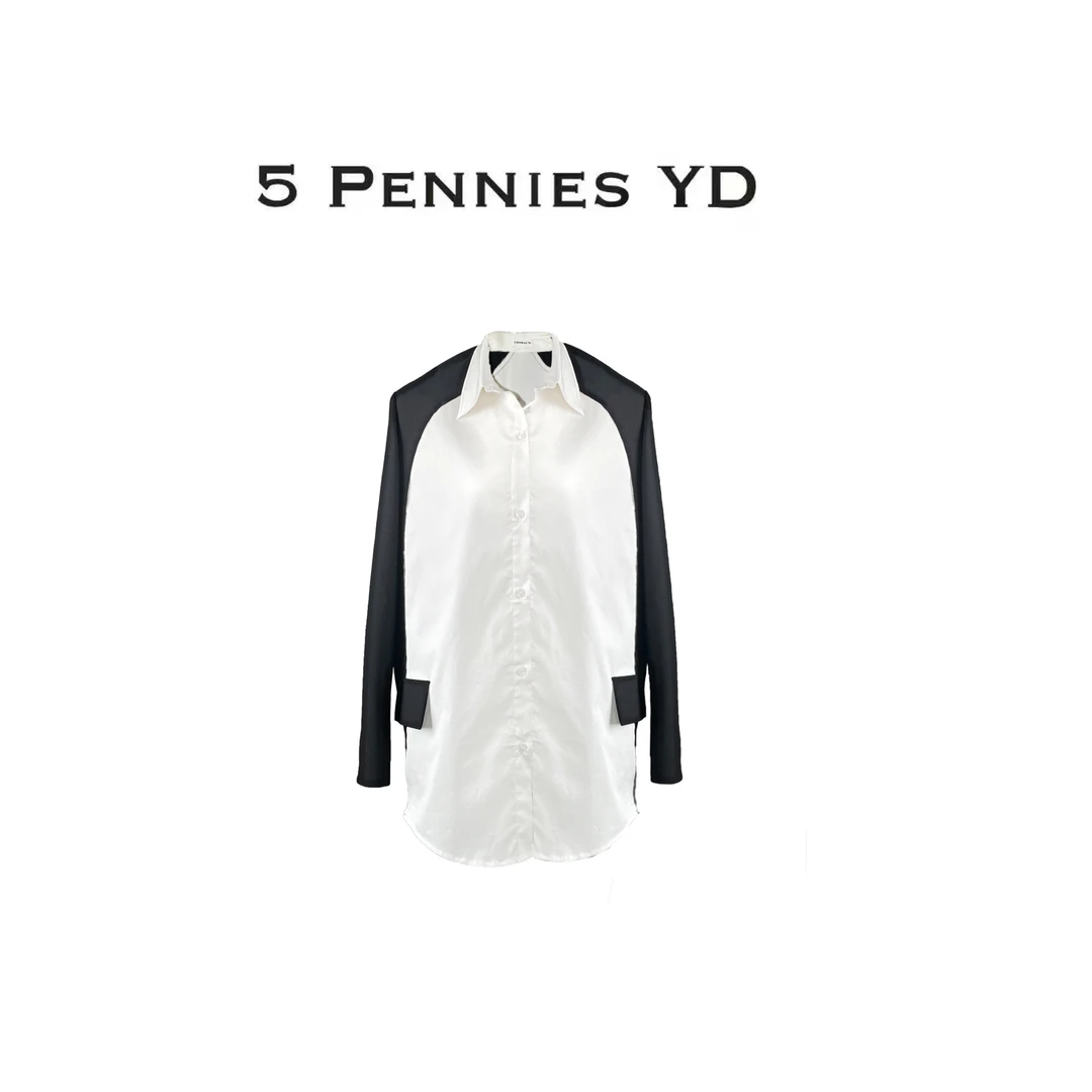 5 PENNIES YD设计师款秋季女士时尚休闲假口袋撞色拼接宽松衬衫