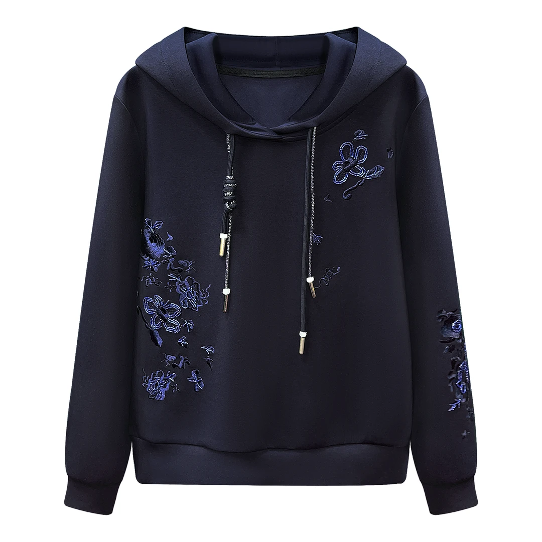 春秋款时尚气质轻奢刺绣长长袖藏青色连帽卫衣上衣#6216