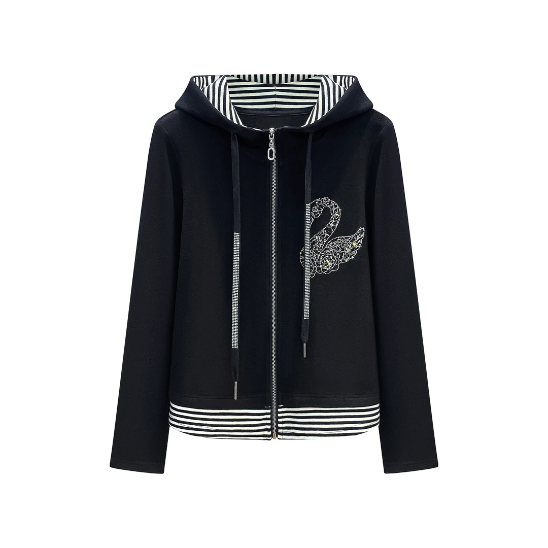 Robert Girme冬季新款时尚重工烫钻百搭条纹连帽打底上衣#2342