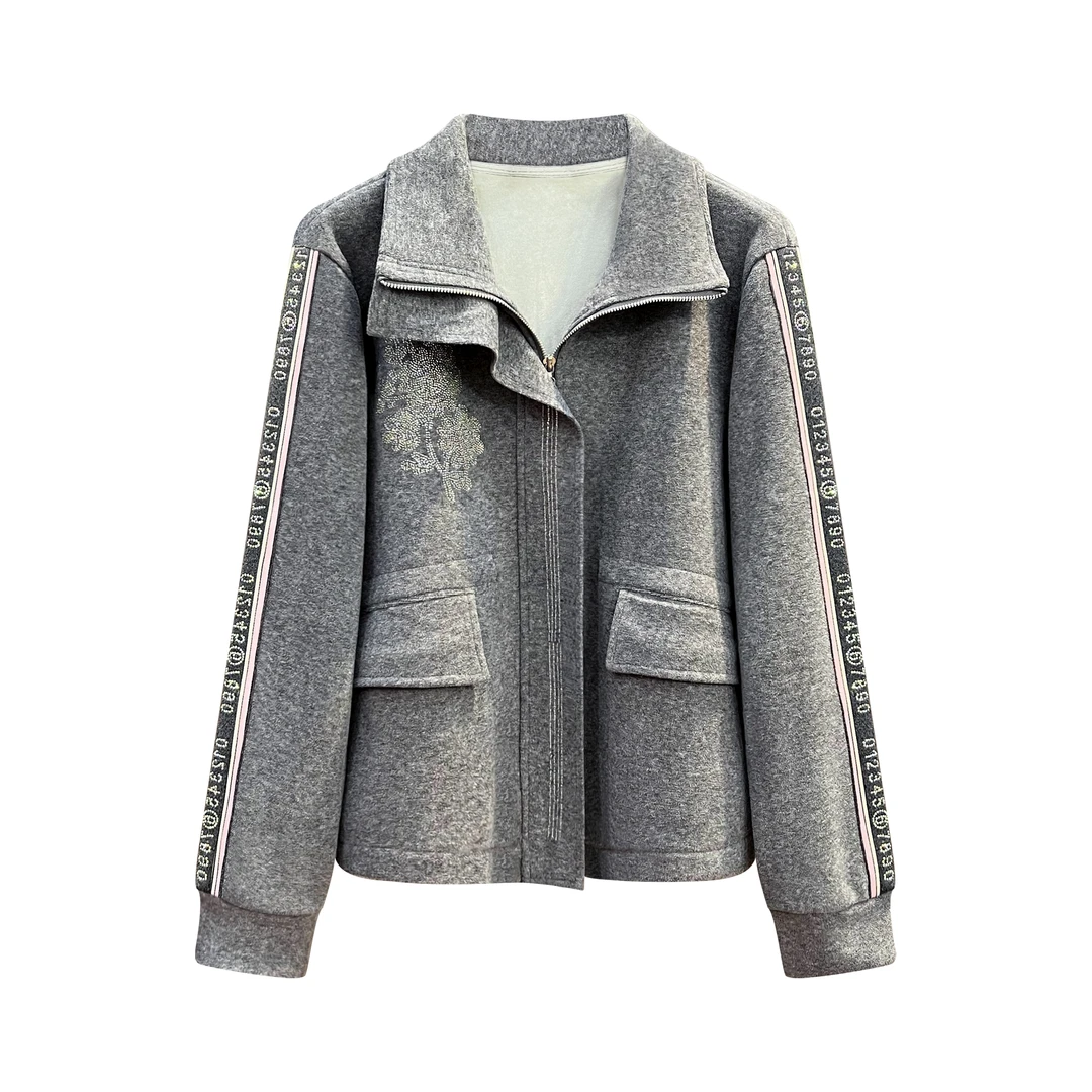 Robert Girme冬季新款时尚烫钻休闲百搭灰色拓绒色上衣外套#6331