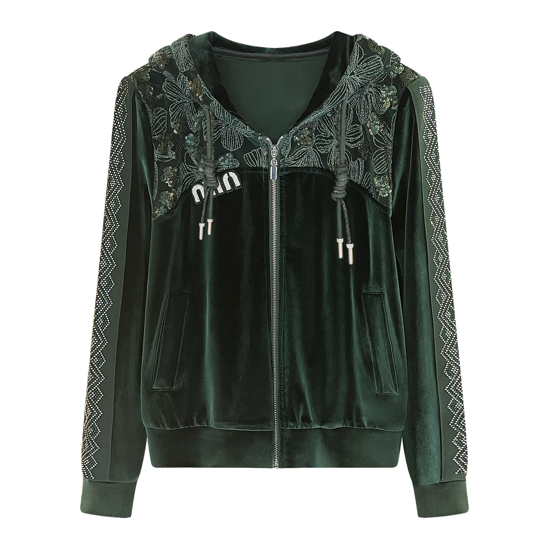 秋季新款【柳拂翠】时尚长袖宽松连帽开衫绿色丝绒上衣外套#6233