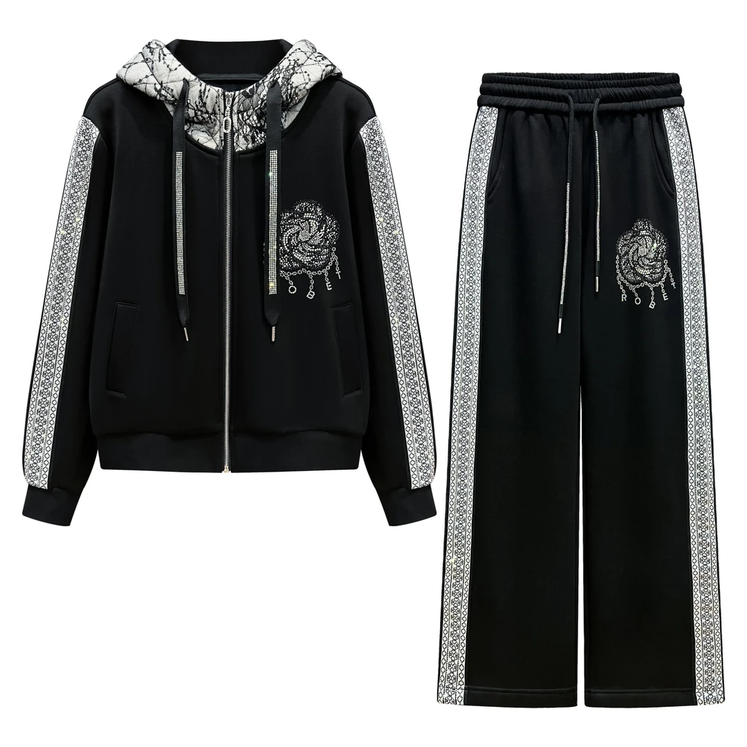 冬季【加绒】时尚山茶花烫钻休闲长袖连帽黑色套装#2329/2330