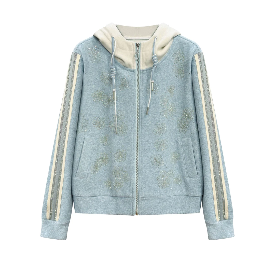 冬季 新款时尚烫钻休闲减龄百搭连帽上衣#6522