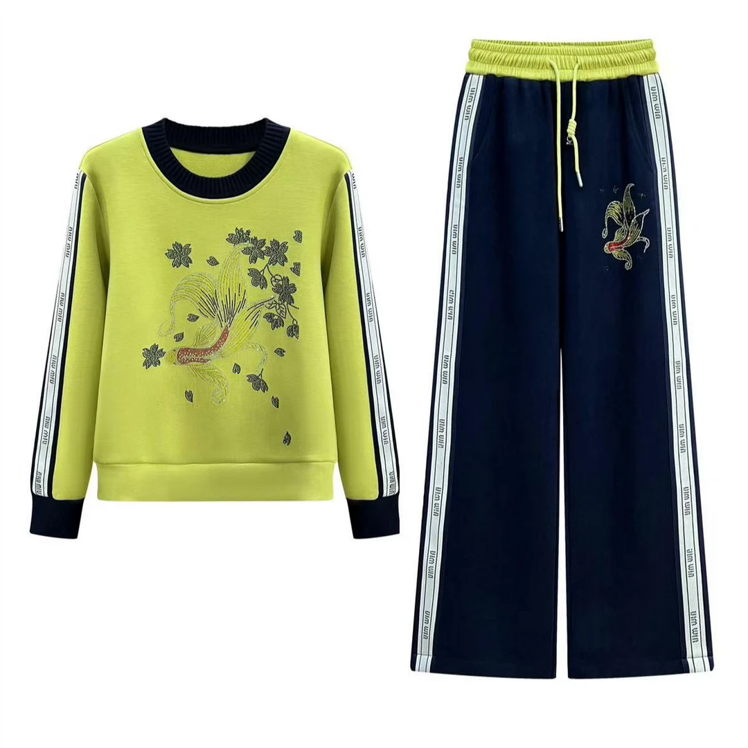 【清仓微瑕不影响穿搭】冬季新款时尚锦鲤烫钻休闲套装#2384/2385