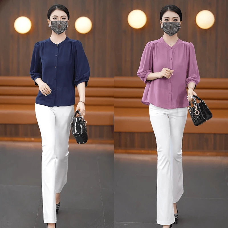 2024新款气质新薄款显瘦上衣纯色韩版大码妈妈女装衬衫