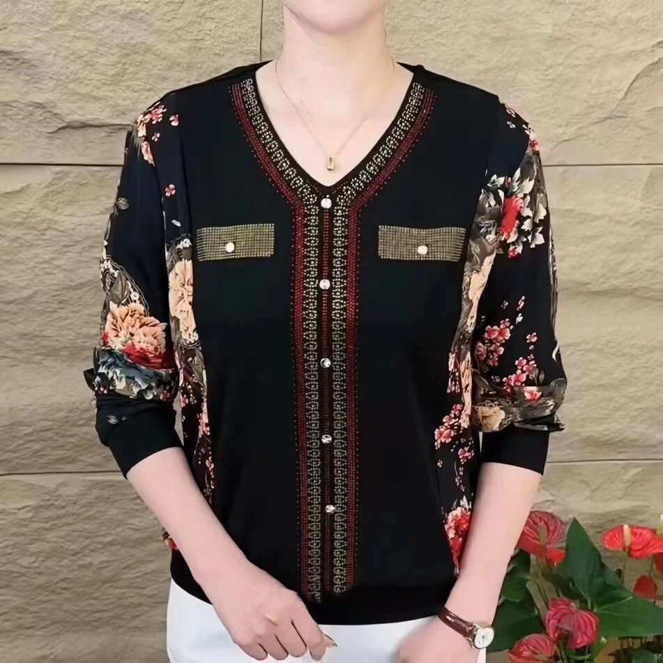 2025新款高档长袖T恤领烫宽松肚子显瘦中年妈妈印花上衣