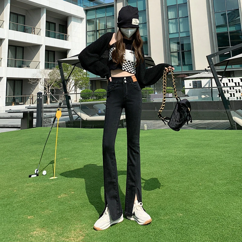 HEY+JEANS 辣妹风牛仔裤女2022韩版高腰显瘦弹力微喇叭开叉牛仔裤