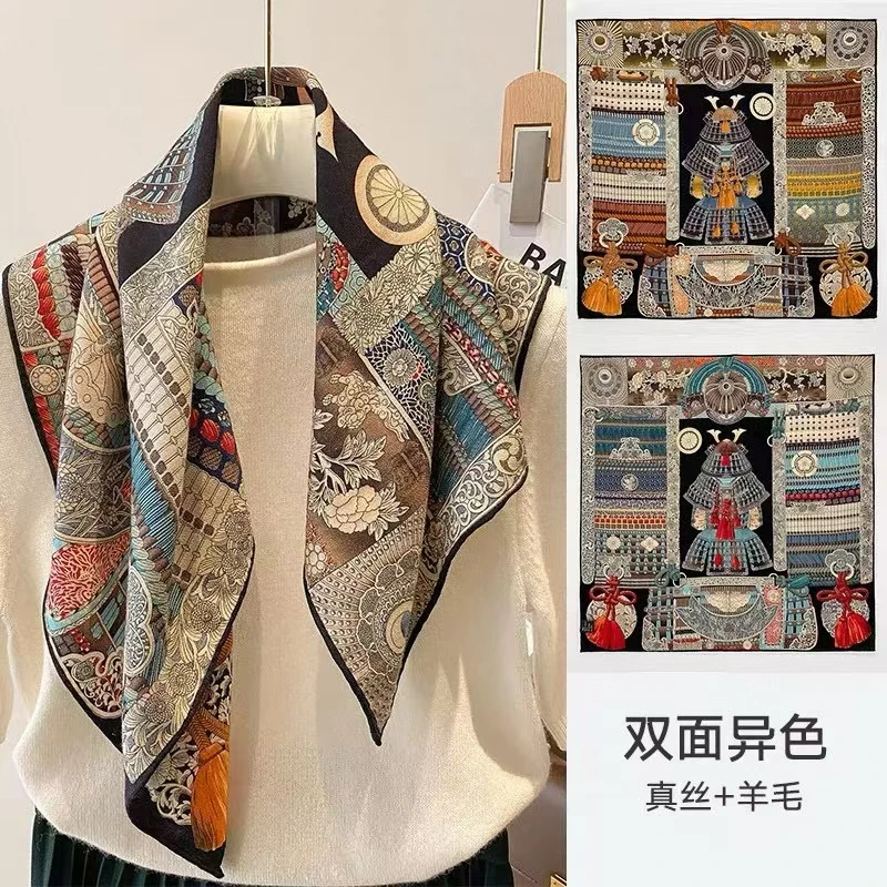 爆款双面双色高档桑蚕丝羊毛手工卷边中方巾63CM*63CM