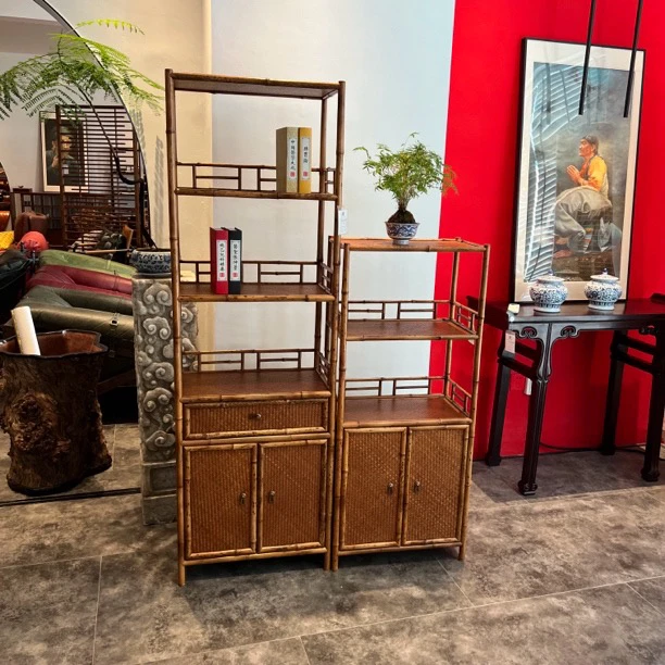 120 170高低博古架书柜竹子编织收纳架柜子茶具展示架双层茶叶柜