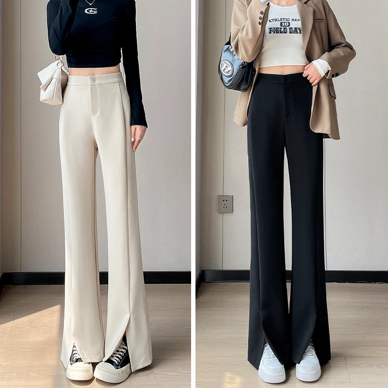青莼秋季小个子开叉西装裤女高腰宽松显瘦休闲直筒微喇叭拖地长裤